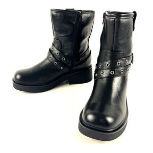 POP Biker Boots Womens SZ 8M Black Faux Leather Buckle Strap Zip Block Heel
